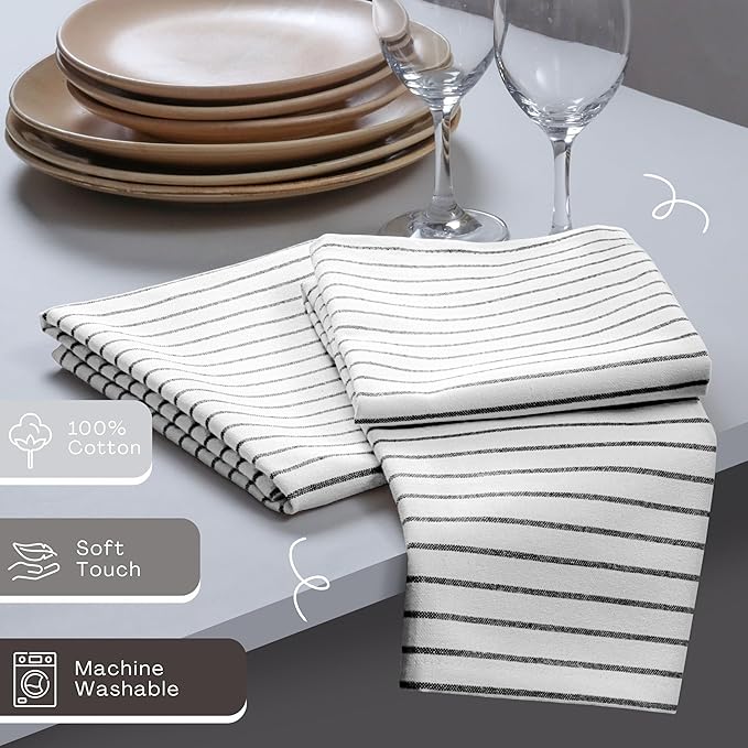 Black Stripe Napkins Set of 12, 18x18 Inch, 100% Cotton, Classic Striped Durable Table Linen for Dinners, Formal Events, Halloween, Wedding, Reusable and Washable for Everyday Dining