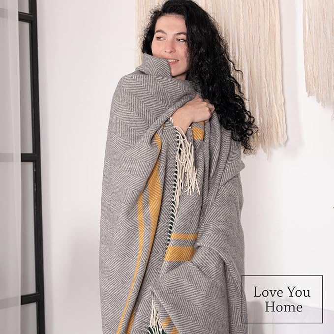 LYHome Merino Wool Blanket - Warm Throw for Cold Weather, Warmest Travel Outdoor Camping Blankets, Picnic Army and Military Throws, Comforter Soft & Cozy (55 x 79 Grey with Mustard and White Stripes)