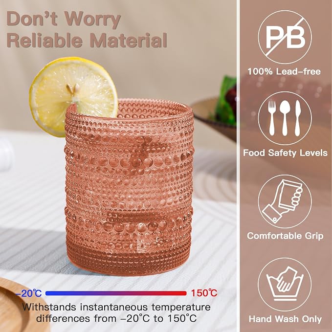 JOVGANK Venus Vintage Hobnail Drinking Glasses Set of 6, Embossed Water Tumbler 12oz, Kitchen & Bar Beaded Glass Cups, Beverage Glass Cups for Water, Beer, Juice, Housewarming Gift