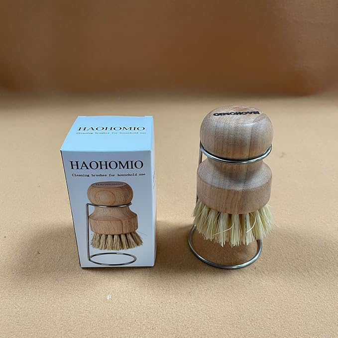 Natural Wooden Dish Brush Set with Drying Stand - Eco-Friendly Palm & Sisal Scrubber for Pots, Pans, Dishes, Kitchen Sink, Vegetables - Short Handle Pot Brush Cleaning Kit
