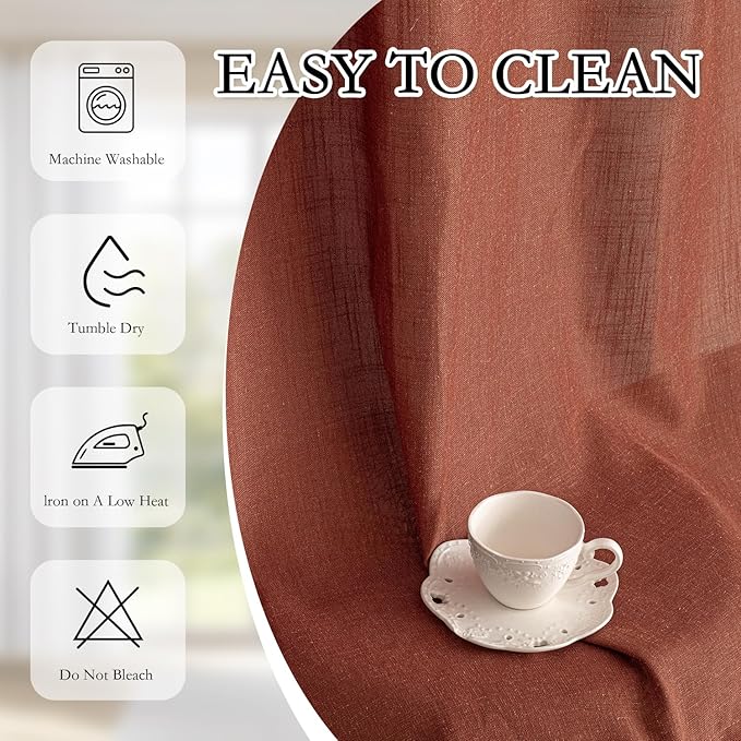 MYSKY HOME Sheer Linen Curtains 63 Inch Length for Bedroom, Light Filtering Privacy Drapes, Short Curtains for Small Window Back Tab Soft Touch Style Texture for Closet/Kitchen, Terracotta, 50"x63"