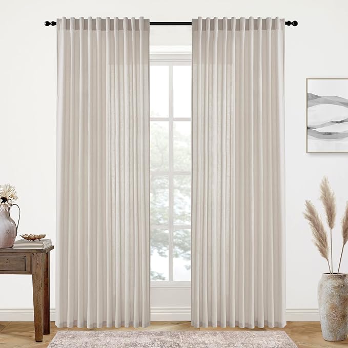 XTMYI 70 Inches Wide Country Curtains for Living Room,Sheer Linen Shabby Chic Curtains for Bedroom Oatmeal 108 Inches Long