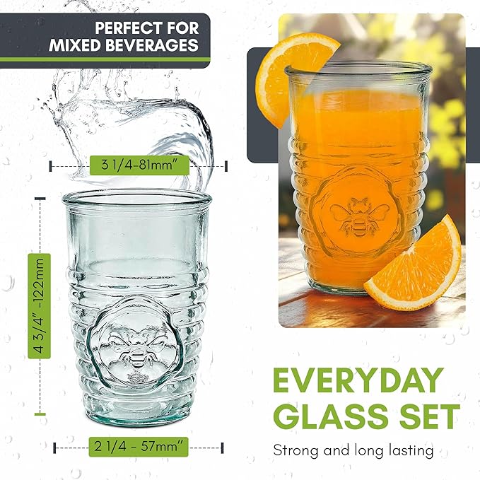 COURONNE CO. Clear Recycled Drinking Glass Tumbler, Perfect for Cocktails, Refreshments & Everyday Use, Restaurant Grade, Crafted without lead-based materials (11.2 Oz, Bee), Pack of 6