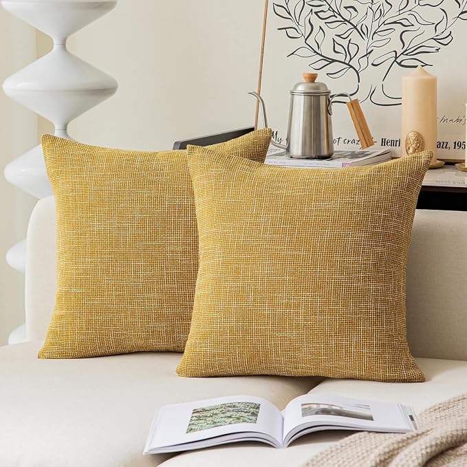 Kevin Textile Faux Linen Square 2 Tone Woven Throw Pillow Sham Cushion Case Covers for Car/Couch Use, 22-inch(2 Packs, Honey Yellow)