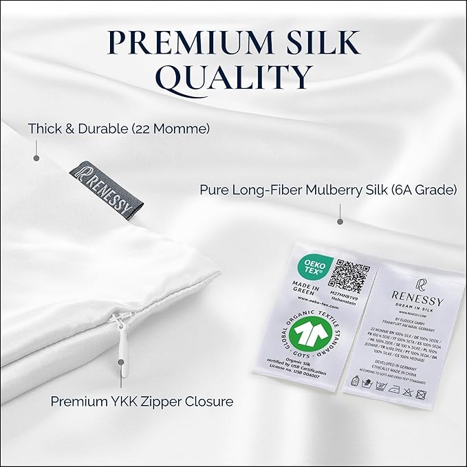 Premium Silk Pillowcase 100% Organic Mulberry Silk, 22 Momme, Grade 6A - Oeko-Tex Certified in Germany - Luxury for Hair & Skin, 1 Piece (Standard, Champagne)