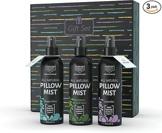 Aromasong All Natural Pillow Spray Holiday Gift Pack of Lavender, Ocean Mist, and Eucalyptus Included - Calming Linen & Bedtime Natural Essential Oil Mist Spray for Sleeping