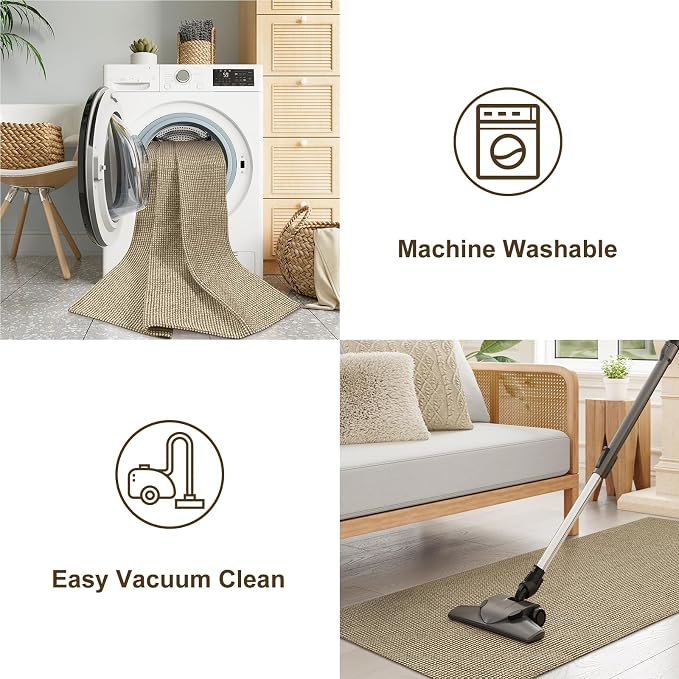 Uphome Kitchen Runner Rug, 2'6x8 Washable Boho Rug Runners for Hallways Non Slip, Low Pile Woven Cotton Modern Carpet Runners, Stain Resistant Bedroom Runner Rug for Hallway Entryway Entrance, Tan