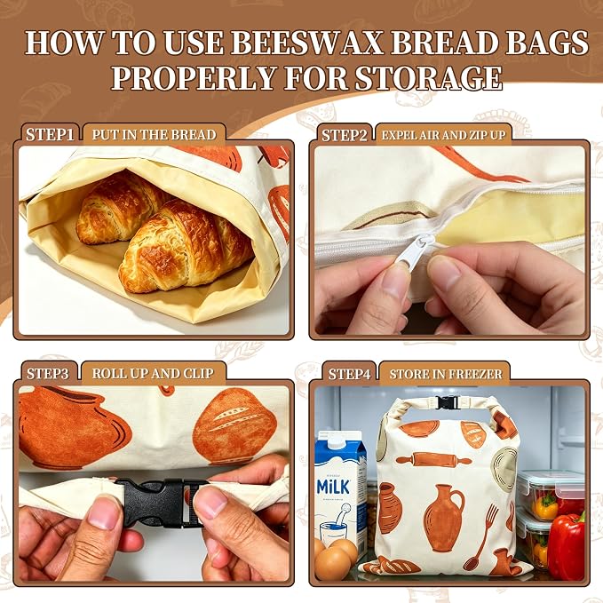 Reusable Cotton Beeswax Bread Bags 2 Pack – Extra Large 13"x17" Zipper & Roll-Buckle Double Seal for Homemade Sourdough, Keep Bread Fresh Longer, Zero Waste Bread Storage for Loaf Baguette (ClayMark)