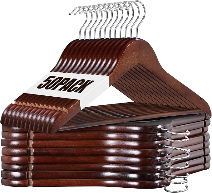 ZENY Premium Wooden Hangers 50 Pack, Coat Hangers with 360-Degree Rotatable Hook, Clothes Hangers for Suit, Shirts, Jackets, Dress, Pant (Brown)
