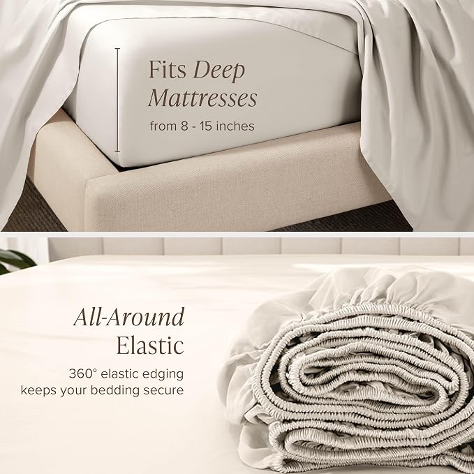 Bare Home 100% Organic Cotton Twin Extra Long Sheet Set - 400 Thread Count - Smooth Sateen Weave - Breathable & Cooling - Hotel Luxury Set - Deep Pocket Bed Sheets (Twin XL, French Beige)