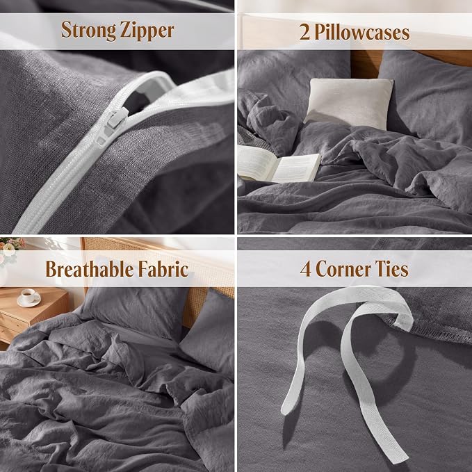 LBRO2M 100% France Linen Duvet Cover Set 3 Pcs Including 1 Flax Comforter Cover with Zipper Closure, 2 Pillowcase, Cozy Duvet Cover California King Size, Dark Gray