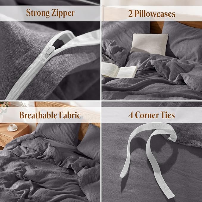 LBRO2M 100% France Linen Duvet Cover Set 3 Pcs Including 1 Flax Comforter Cover with Zipper Closure, 2 Pillowcase, Cozy Duvet Cover King Size, Dark Gray