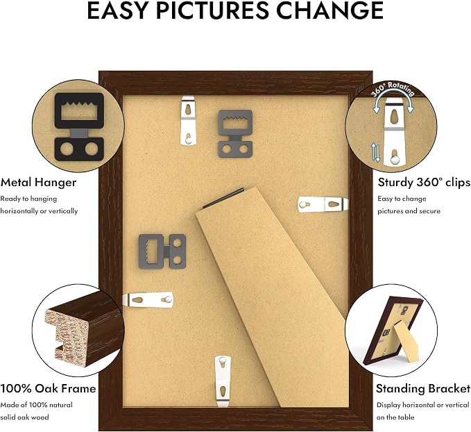Hongkee 5x7 Oak Wood Picture Frame, Display Photos 4 x 6 with Mat or 5 x 7 without Mat - Tempered Glass Cover, Horizontal and Vertical Display for Wall or Tabletop (Walnut, Set of 1)