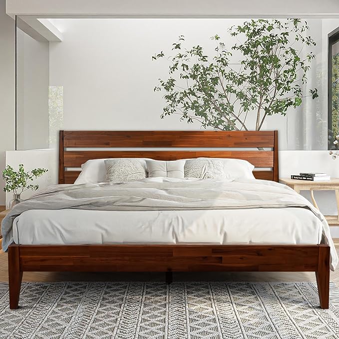 Acacia Emery Bed Frame with Headboard Solid Wood Platform Bed, King Size Bed Frame, Mid - Century Modern Wood Bed Compatible with All Mattresses, Easy Assembly, Non-Slip, Chocolate.