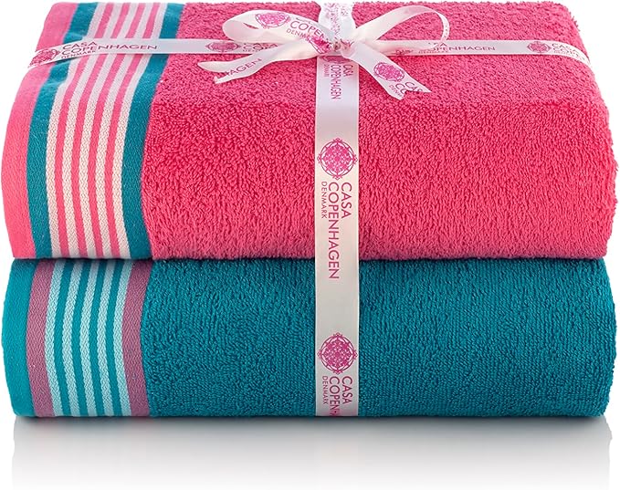 CASA COPENHAGEN He & She 6Pcs 100% Egyptian Cotton Large Designer Towels Gift Set- Cyan - Pink, 550GSM, 2Bath 2Hand 2Washcloths, Bath Towels for Bathroom (Gift Set for Women & Men)