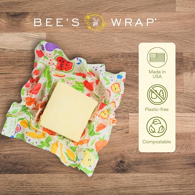 Bee's Wrap Beeswax Wraps for Food - 3 Pack of Assorted Beeswax Wraps - 2 Medium & Sandwich Wrap - Plastic Free Made in USA Reusable Natural Food Wrap - Garden Party