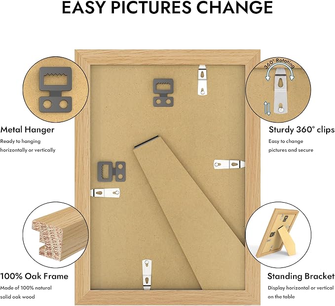Hongkee 6x9 Oak Wood Picture Frame, Display Photos 5 x 8 with Mat or 6 x 9 without Mat - Tempered Glass Cover, Horizontal and Vertical Display for Wall or Tabletop (Natural Oak, Set of 1)