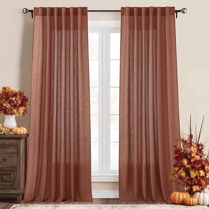 RYB HOME Flax Linen Blend Curtains 90 inches Long for Dining Room, Semi Translucent Wrinkle Resistance Washable Sheer for Laundry Room Bathroom, W 52 x L 90 inches, Terracotta, 2 Panels