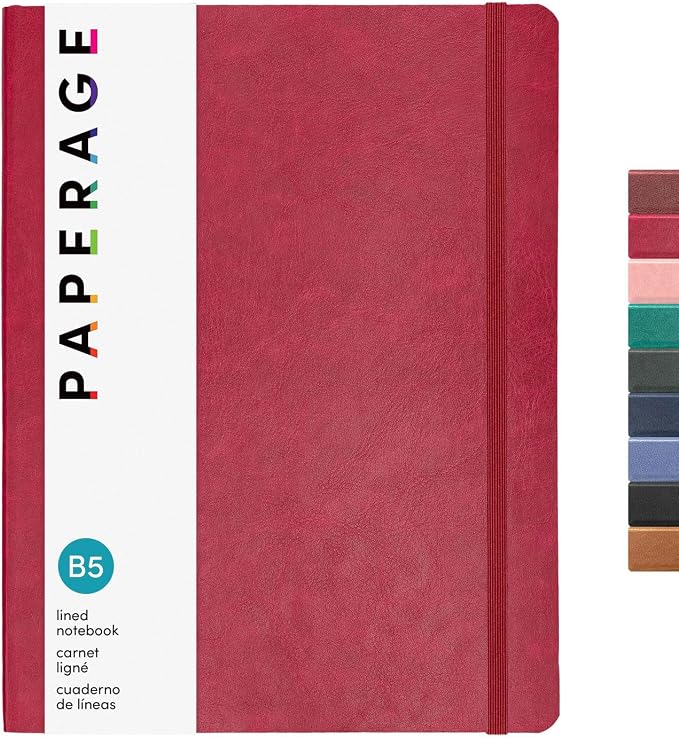 PAPERAGE Softcover Lined Journal Notebook (Red), 176 Pages, Large B5 College Ruled Notebook, 7.6 inches x 10 inches - 100 GSM Thick Premium Paper, Soft Vegan Leather Journal for Home, Work & School