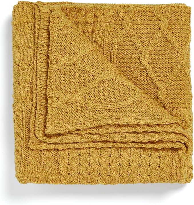 Aran Woollen Mills Patchwork Blanket, 100% Merino Wool, Cable Throw Blanket for Couch or Bed, Made in Ireland, Keel, Yellow, 40" x 60" (102 x 152 cm)
