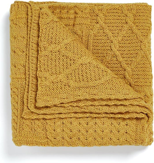 Aran Woollen Mills Patchwork Blanket, 100% Merino Wool, Cable Throw Blanket for Couch or Bed, Made in Ireland, Keel, Yellow, 40" x 60" (102 x 152 cm)