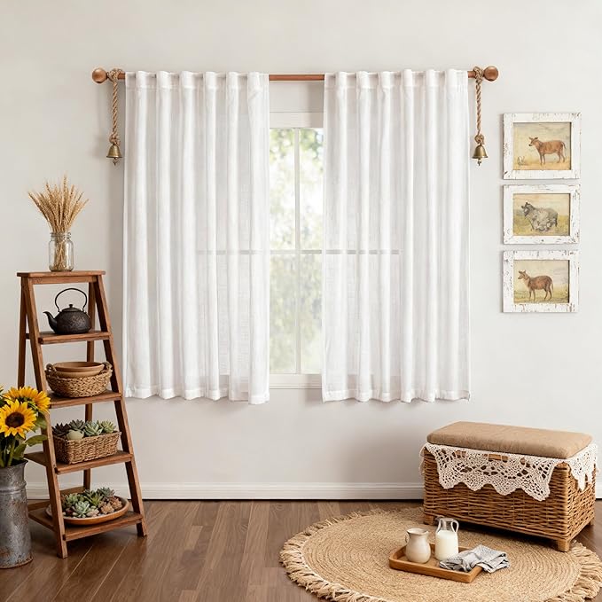 MYSKY HOME Short White Sheer Curtains for Kitchen Small Windows 45 inches Length, Semi Sheer Bedroom Window Curtains & Drapes, Soft Fabric Light Filtering Privacy Protect, 50 x 45 inches, 2 Panels
