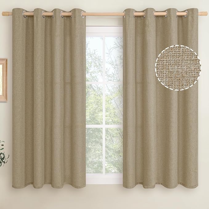 LAMIT Natural Linen Curtains 45 inch Length 2 Panels, Linen Textured Thermal Insulated Bedroom Curtains Grommet Privacy Light Filtering Drapes for Living Room/Farmhouse, W52 x L45, Tan Brown