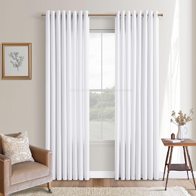 Linen White Grommet Curtains 84 Inches Long 2 Panels for Living Room Privacy Light Filtering Semi Sheer White Boho Farmhouse Curtain Drapes Slub Textured Modern Elegant Coastal Room Decor Snow White