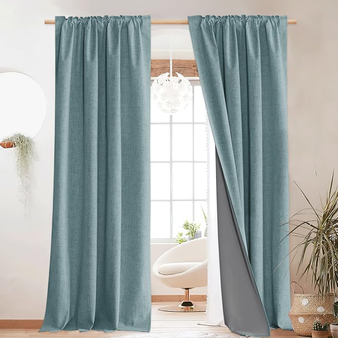 NICETOWN Full Blackout Skylark Blue Linen Curtains 102" Length with Thermal Insulated Liners for Living Room, Farmhouse Style Keep Cool & Warm Large Window Drapes for Hall (2 Panels, 52" Wide)
