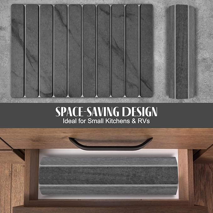 Large Stone Dish Drying Mats for Kitchen Counter, 24"(L)×16"(W) Marble Pattern, Quick Dry Collapsible Dish Drying Mat, Eco-Friendly Absorbent Diatomaceous Earth Mat for Dishes Bottles Cups - Dark Gary