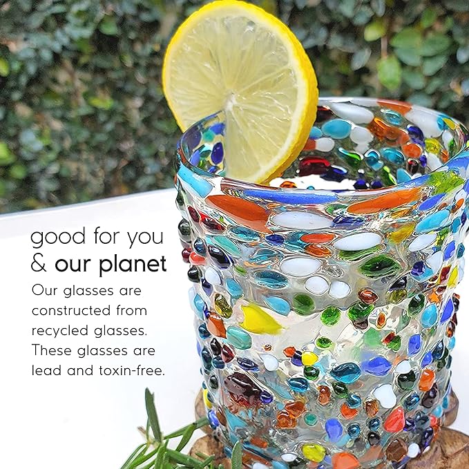 Confetti Rocks 10 oz Tumbler Glasses (set of 6) | Hand Blown Drinking Glasses, Multicolor Mexican Glassware Tumblers for Water, Juice, Margaritas & Cocktails | Lead-free, Toxin-Free