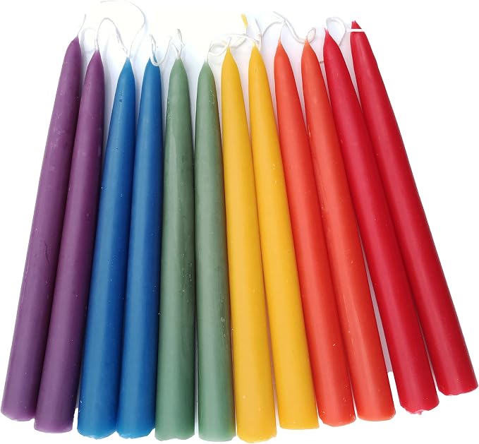 100% Pure Beeswax Taper Candles - All-Natural Handmade Decorative & Dipped Smokeless Unscented Candles for Christmas, Advent, and Hanukkah, Rainbow, 8.5 Inches, 12 Candle Set, by BeeTheLight