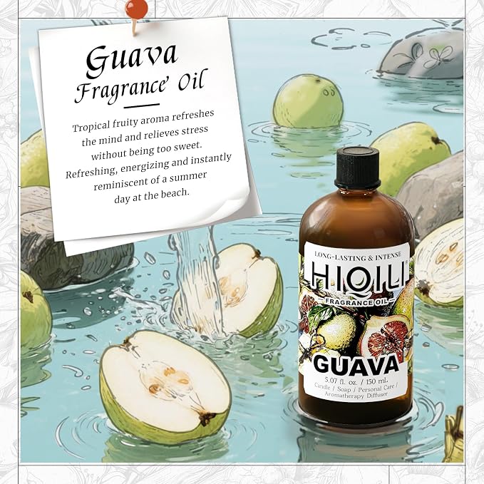 HIQILI Guava Fragrance Oil for Diffuser, Soap & Candle Making - 5.07 Fl Oz | for Bath Bombs Making, Add to Wool Dryer Balls, Long-Lasting Fruity Scent - 150 ML