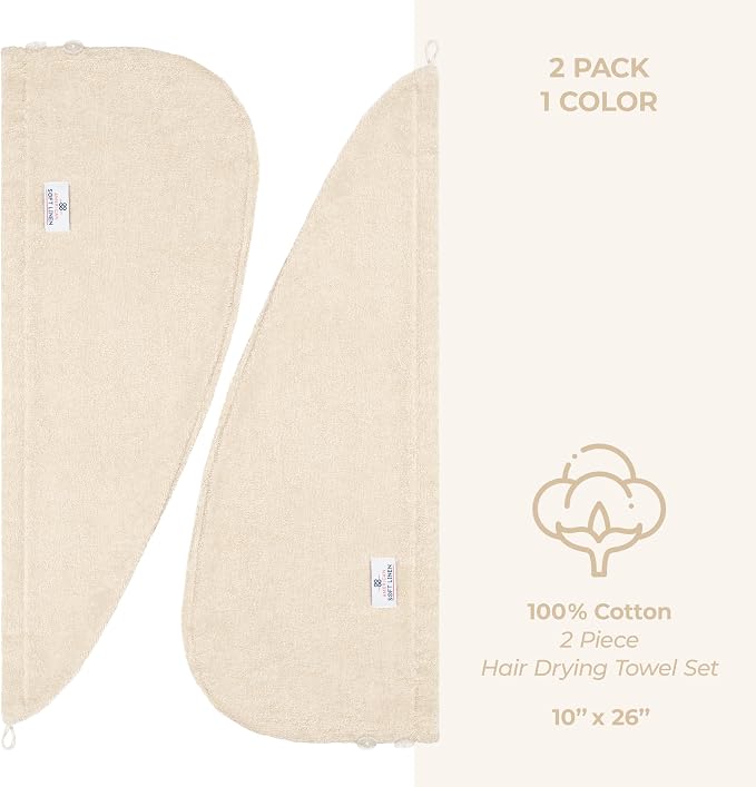 American Soft Linen 100% Cotton Hair Towels for Women, Head Towel Cap, Cotton Hair Turban Towel Wrap for Long Curly Anti Frizz Hair, Soft and Absorbent Cotton Hair Towels 2 Pack, Beige