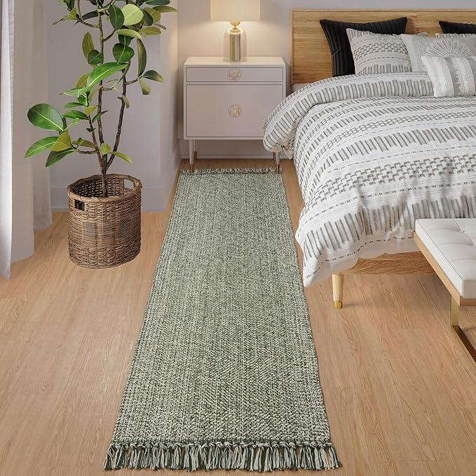 Collive Long Carpet Runners for Hallway 2x8ft, Washable Low Profile Front Entryway Rug Cotton Hand-Woven Kitchen Rug Runner, Olive Green/Cream Farmhouse Bedroom Rug for Laundry Room Entrance