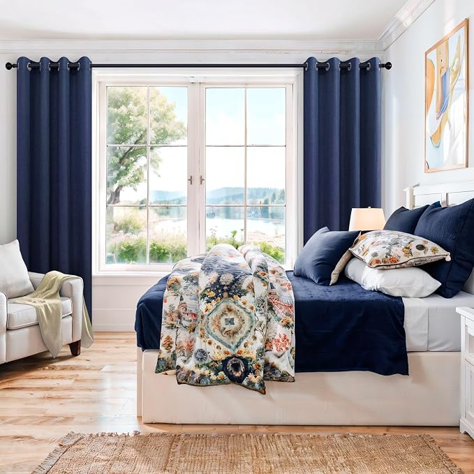Pitalk Blue Sliding Glass Door Curtains 52 Wide by 108 Length 2 Panels Patio Semi Sheer Light Filtering Drapes for Living Room 52x108 Inches Long Navy