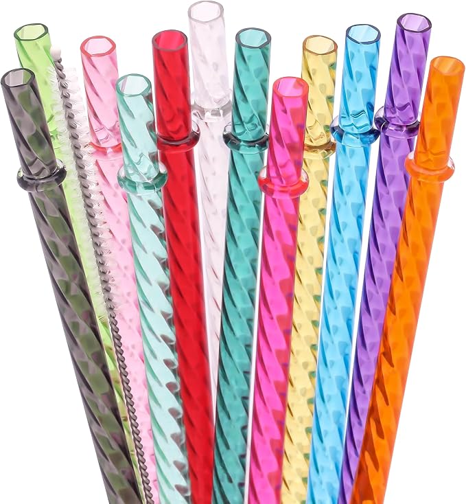 Dakoufish 11 Inch Reusable Clear Plastic Swirl Drinking Straws for 24 oz & 30 oz Jars/Tumblers,Set of 12 Pcs Replacement Straws with Cleaning Brush (11inch,12color)