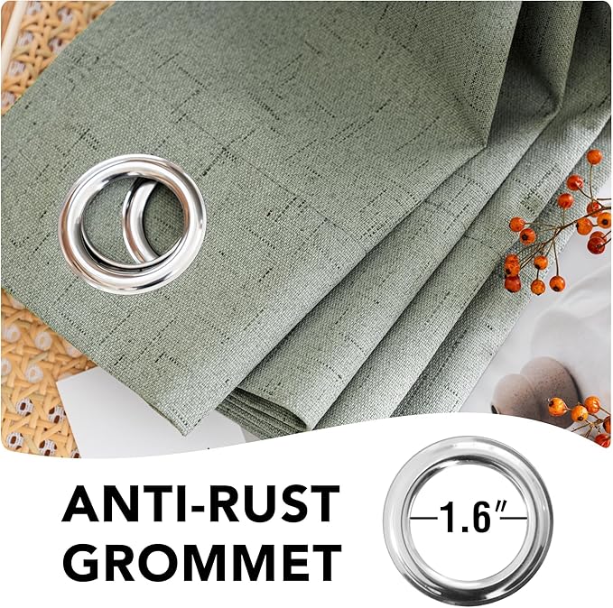 H.VERSAILTEX Blackout Curtains Linen Curtains 120 inches Long 100% Black Out Curtains for Bedroom Windows, Textured Linen Look Draperies Grommet with White Liner, 2 Panels, Green Bay
