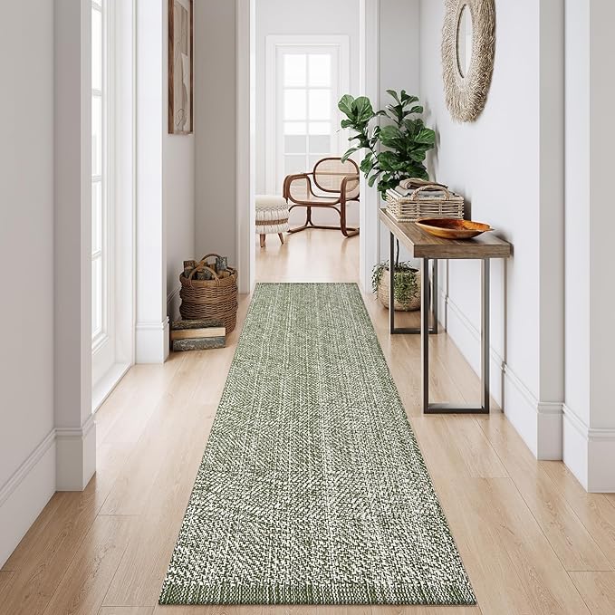LEEVAN Hallway Runner Rug 2.6x10 ft, Cotton Woven Washable Runner Rug, Green Braided Low Pile Kitchen Runners Rugs, Modern Bathroom Rugs Long Front Door Floor Carpet for Classroom/Bedroom/Doorway