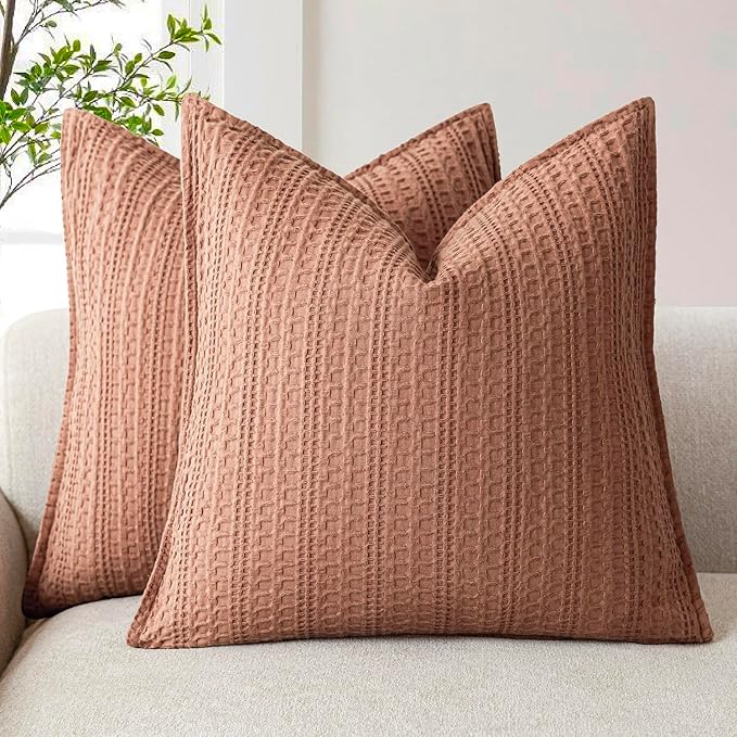 Foindtower Set of 2 Decorative Cotton Waffle Weave Throw Pillow Covers Euro Shams Cushion Covers Accent European Pillowcase for Bed Couch Sofa Bedroom Living Room Home Decor 22×22 Inch Coral Pink