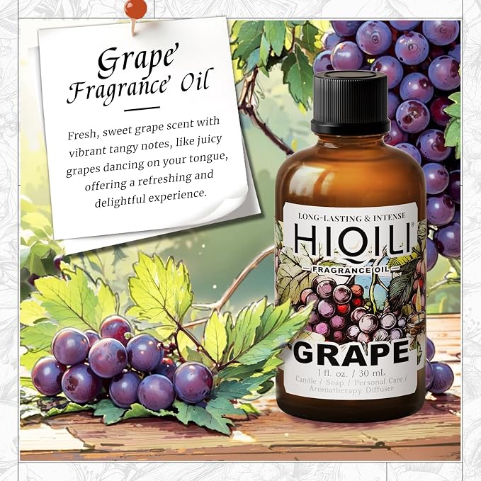 HIQILI Grape Fragrance Oil for Diffusers, Perfume & Room Spray - 1 Fl Oz | for Making Candles, Hand Soap, Air Freshener, Long Lasting Fruity Scents - 30 ML