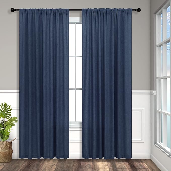 Pitalk Navy Curtains 54 Inch Length for Boys Nursery Room 2 Panels Back Tab Loop Pocket Indigo Blue Linen Farmhouse Nautical Short Light Filtering Curtains for Bedroom Bathroom Boho Decor 52x54 Long