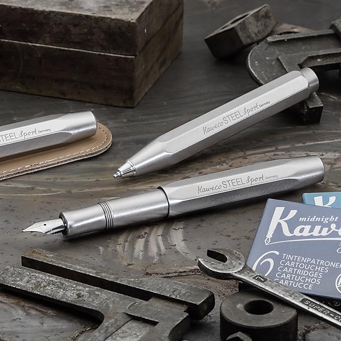 Kaweco STEEL SPORT Fountain Pen I Exclusive Reservoir Pen for Ink Cartridges Including Retro Metal Box I Writing Instrument Pen 13 cm I Nib: EF (Extra Fine)