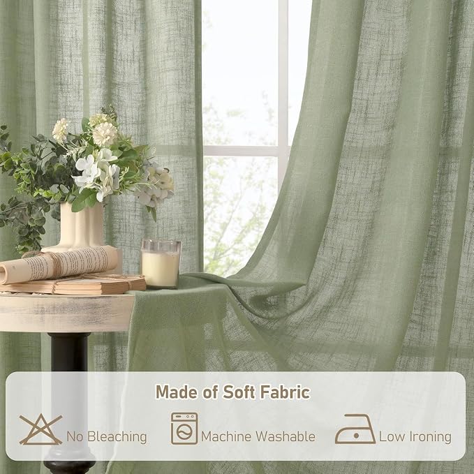 LAMIT Semi Sheer Linen Curtains 40 Inch Length for Cafe, Light Filtering Panels Back Tab and Rod Pocket Neutral Drapes for Bathroom/Kitchen, 25 x 40 Inch, Sage Green, 2 Panels