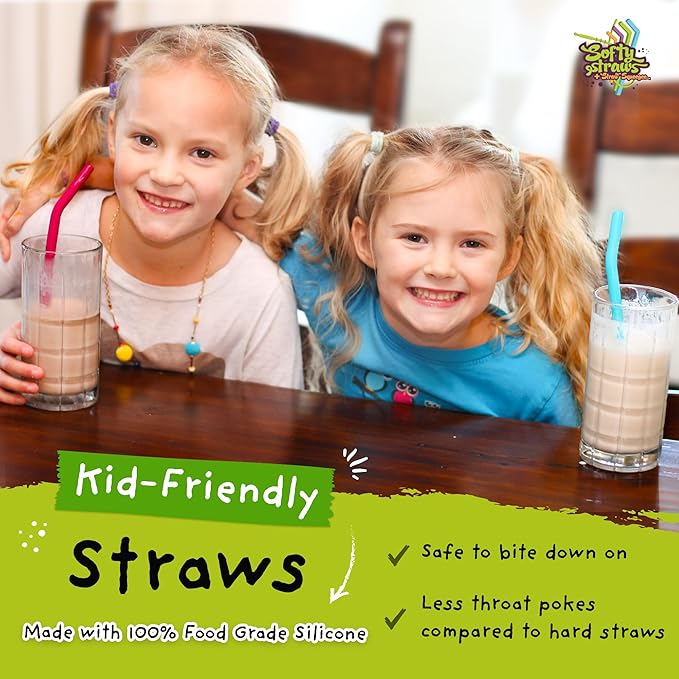 Softy Straws Wide Premium Reusable Silicone Drinking Straws + Patented Straw Squeegee - 9” Long With Curved Bend for 20 30 32 oz Tumblers Non Rubber, Flexible, Safe for Kids/Toddlers, Smoothie