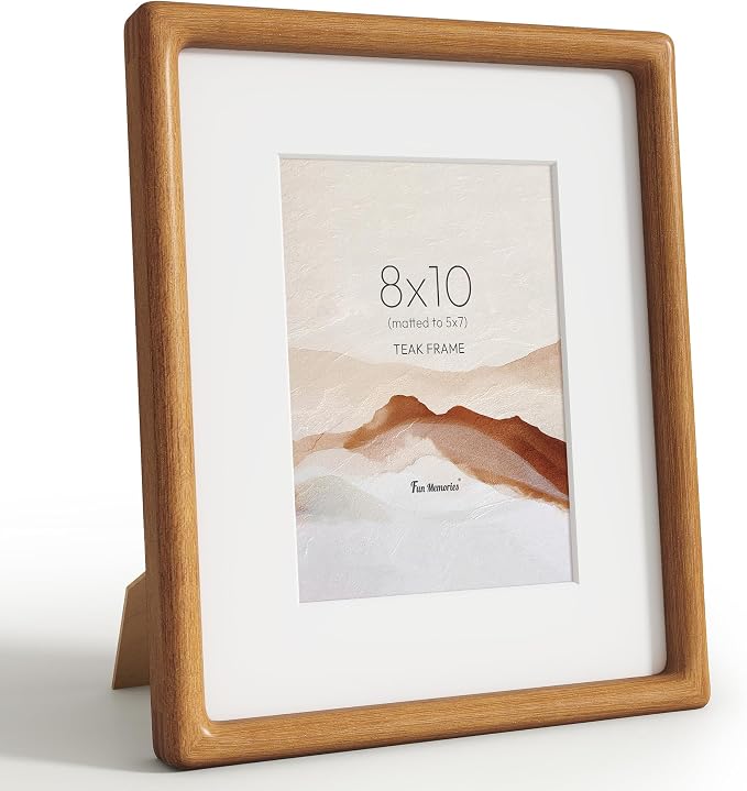 8x10 Picture Frame, USA-Sourced Teak Wood Picture Frame, 8x10 Photo Frame with High Tempered Glass, 8 by 10 Wooden Frame Matted to 5x7 Photo for Wall & Tabletop Display, Teak Color, 1 Pack