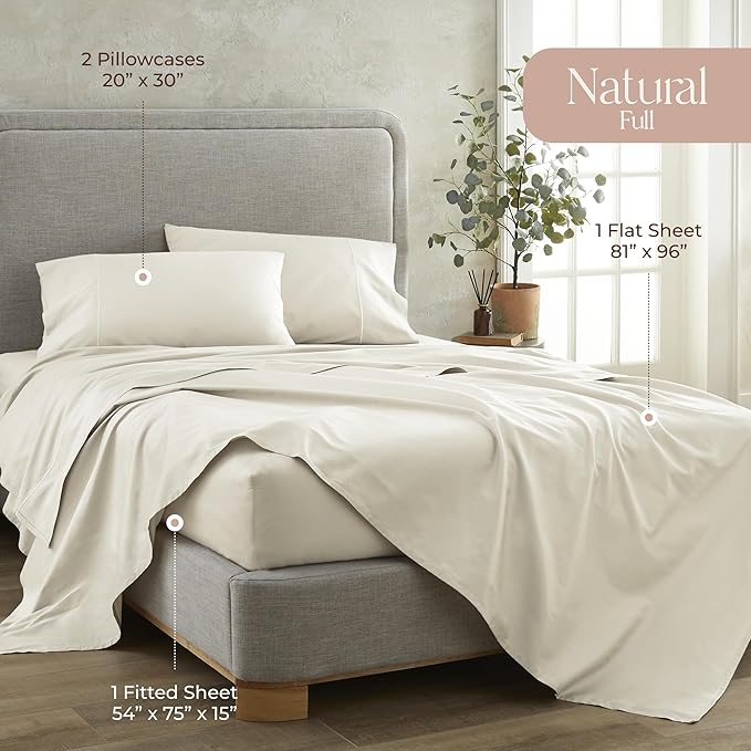 100% Organic Cotton Sheets Full Size - GOTS Certified Organic Bed Sheets with Deep Pocket 300 Thread Count & Cozy Sateen Weave Gets Softer with Each Wash - Luxury 4 Piece Set (Natural, Full)