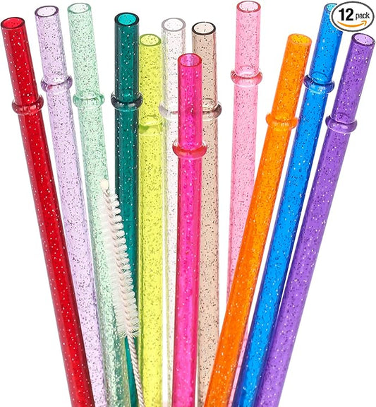 Dakoufish 11 Inch Reusable Tritan Plastic Straws,Replacement Glitter Sparkle Drinking Straws for 24 oz-40 oz Mason Jars/Tumblers,Set of 12 with Cleaning Brush(12color,11inch)