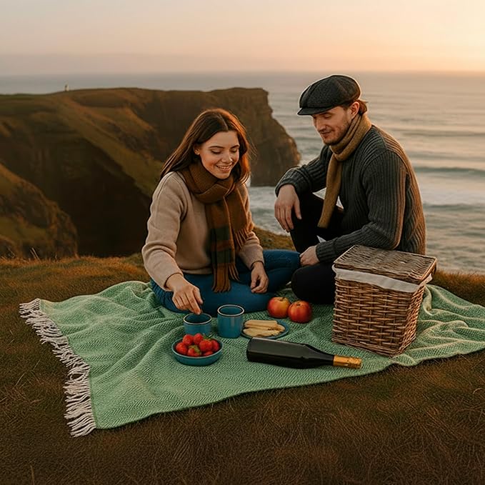 Biddy Murphy Irish Merino and Cashmere Wool Throw Blanket, Made in Ireland, Heirloom Quality, 54" x 71", Green Herringbone Pattern