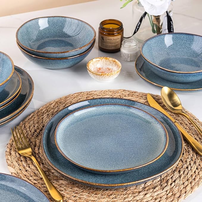 AmorArc Ceramic Dinnerware Sets,Handmade Reactive Glaze Stoneware Plates and Bowls Sets,Highly Scratch Resistant | Dishwasher & Microwave Safe Dishes Set,Service for 4 (12pc)